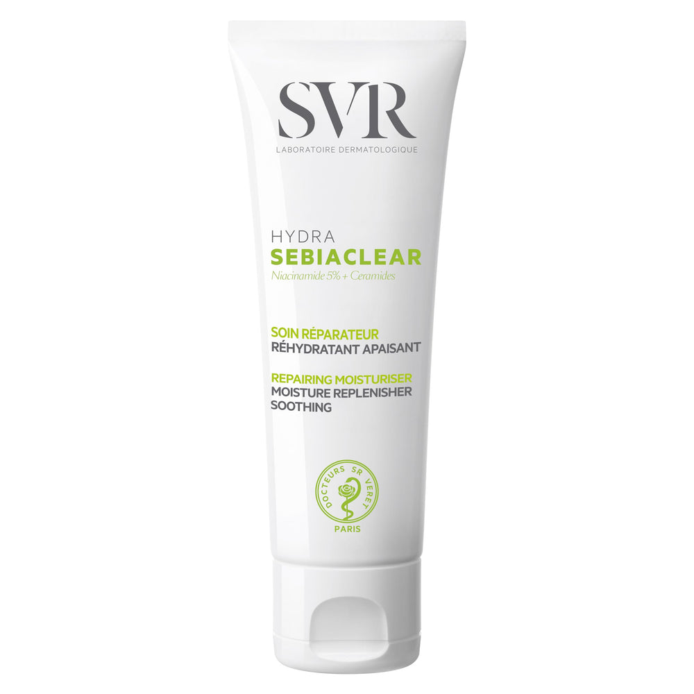 SVR Sebiaclear Hydra front packshot showing lightweight matte tube and clear labeling, clarifies product use