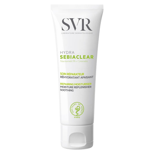 SVR Sebiaclear Hydra front packshot showing lightweight matte tube and clear labeling, clarifies product use