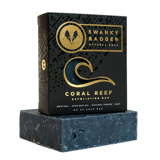 Swanky Badger front view of Coral Reef bar showing packaging and eco design benefit
