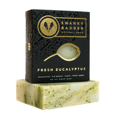 Swanky Badger front view of eucalyptus bar showing clean packaging and benefit