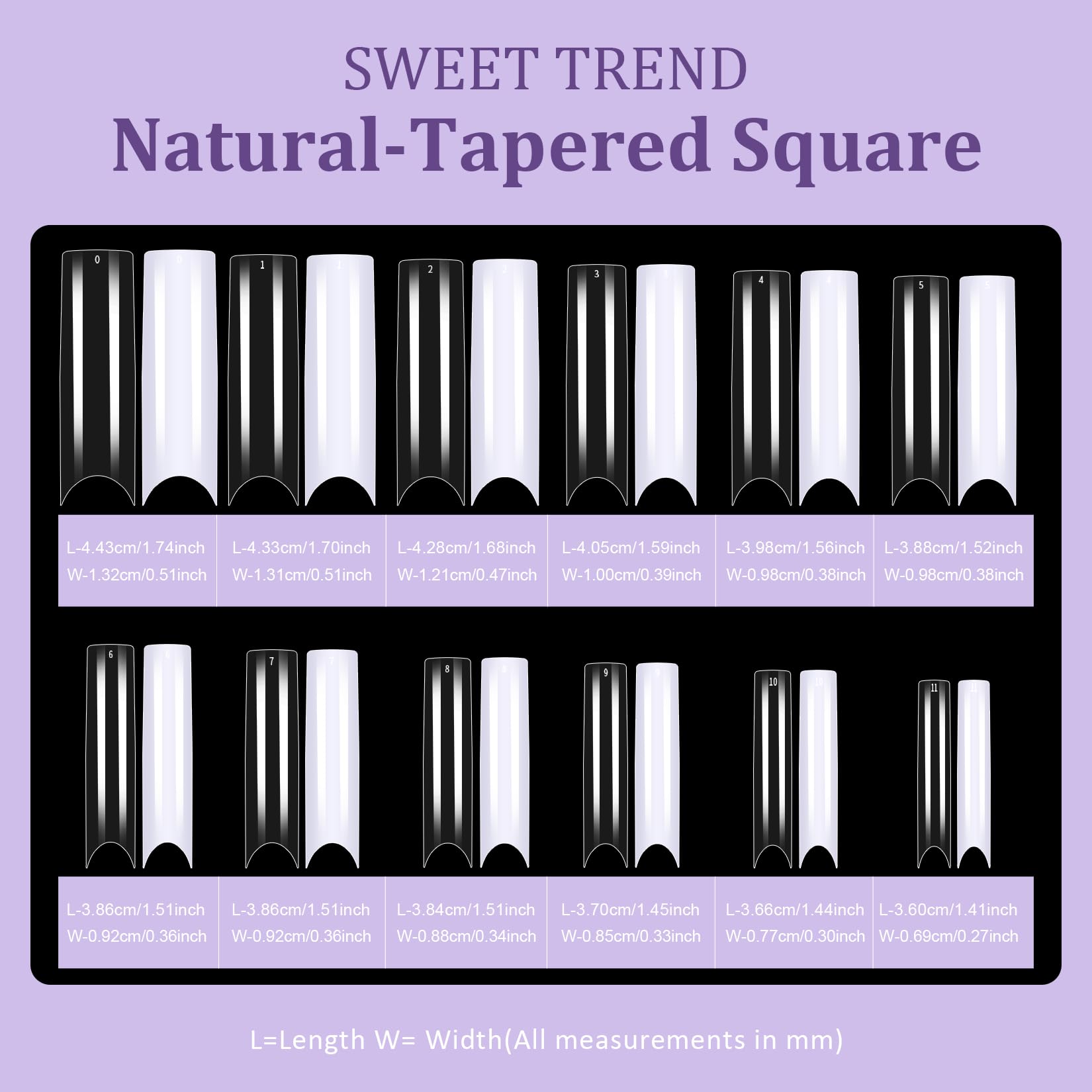 Sweet Trend tips on a fingertip for scale showing extra-long visual impact