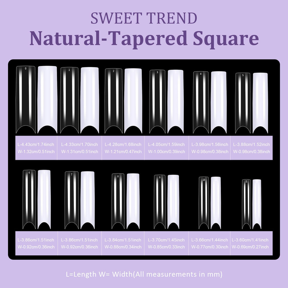 Sweet Trend tips on a fingertip for scale showing extra-long visual impact