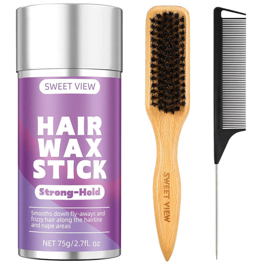 SWEET VIEW front packaging of wax stick and boar bristle brush, compact kit benefit