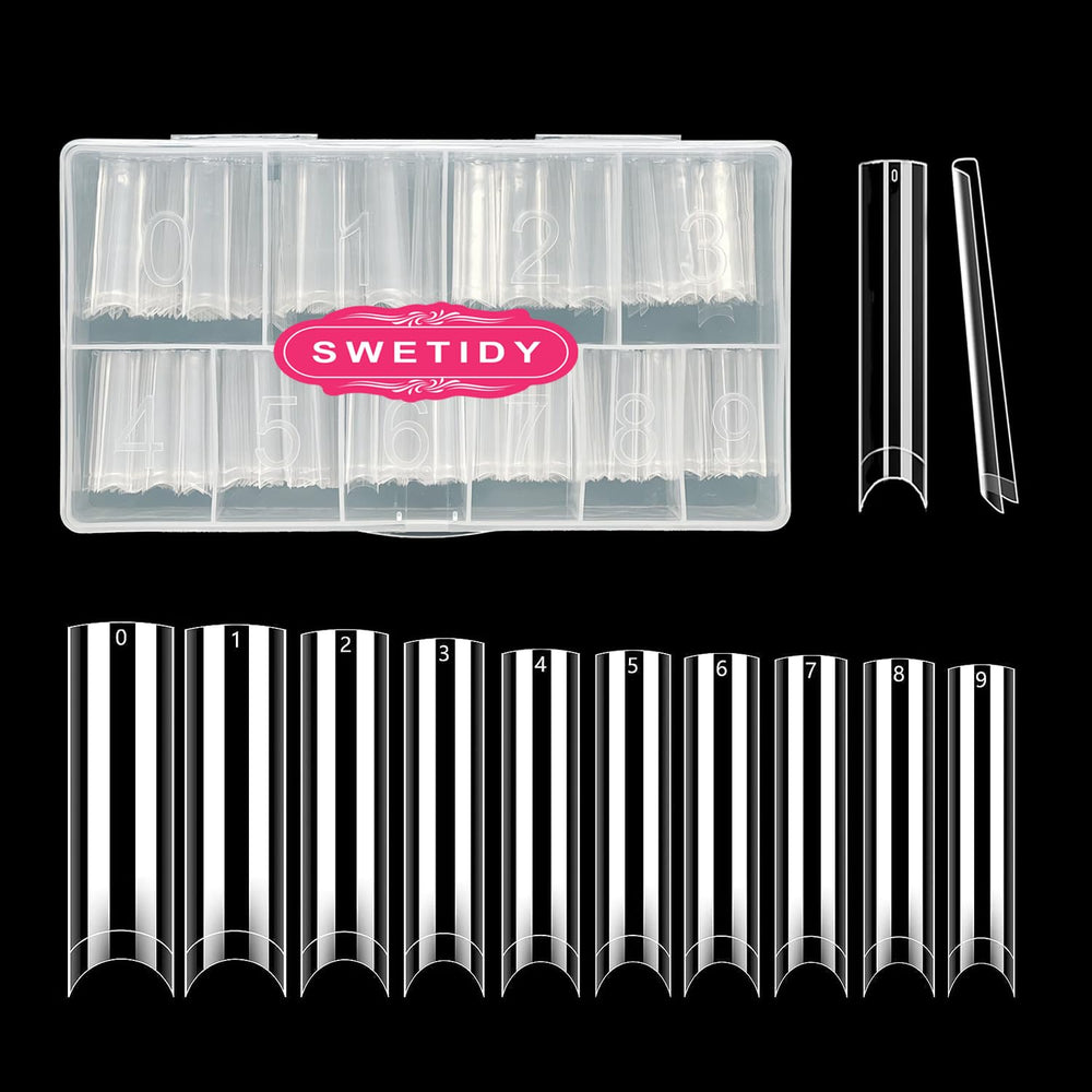 SWETIDY front package of 500 clear square tips showing organized box and ease of storage