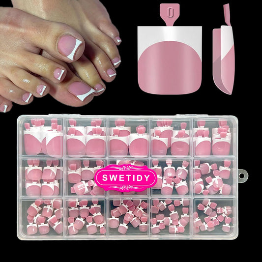 SWETIDY front packaging showing 150pcs berry pink toe tips and quick application benefit