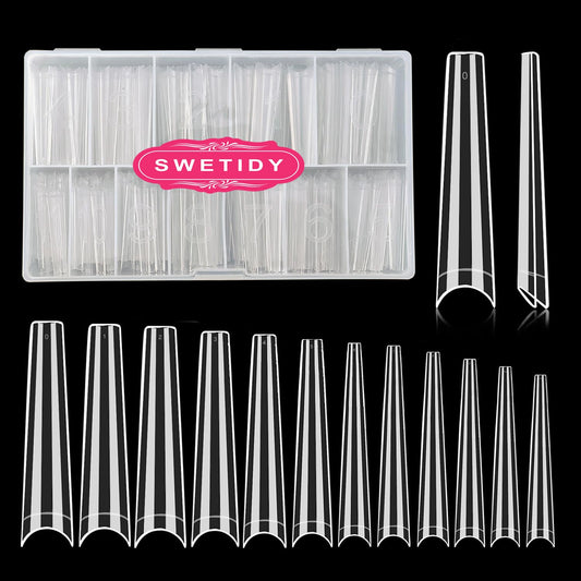 SWETIDY clear box of 504 coffin tips showing neat storage and quick access