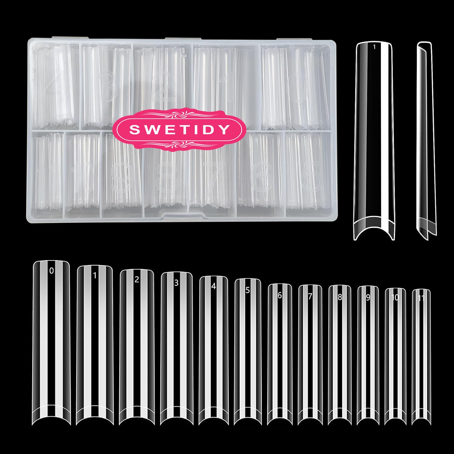 SWETIDY clear box of 504 tips showing organized sizes for fast selection