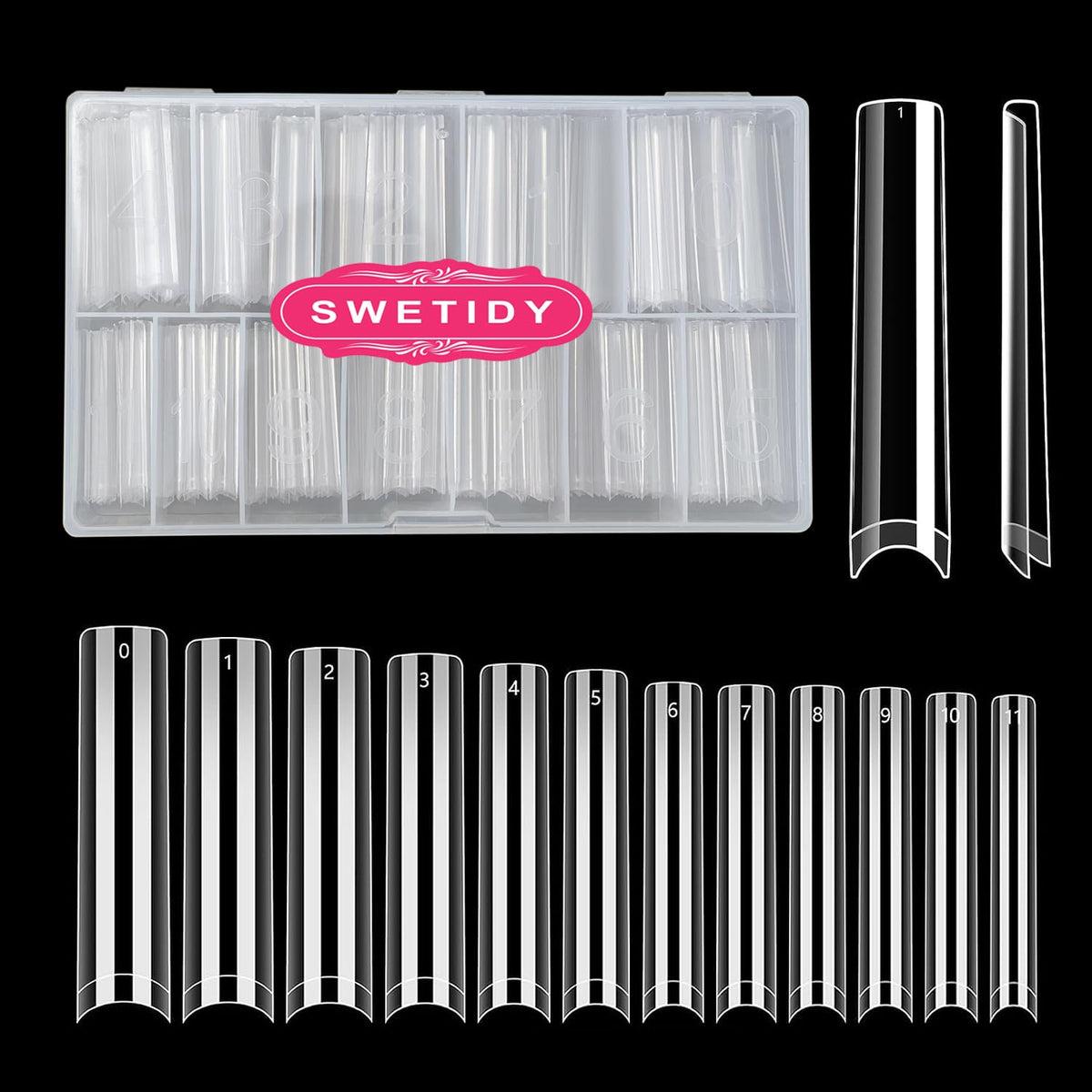 SWETIDY clear box of 504 tips showing organized sizes for fast selection