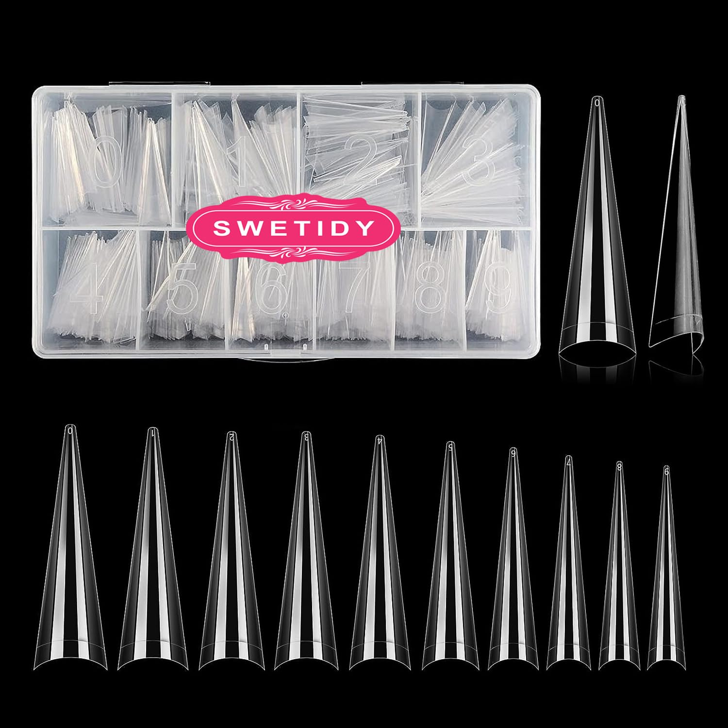SWETIDY XL stiletto tips front pack showing full kit and organized storage