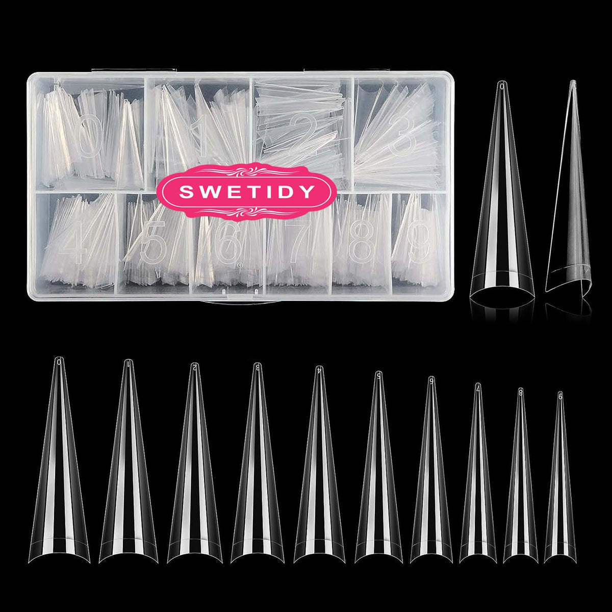SWETIDY XL stiletto tips front pack showing full kit and organized storage