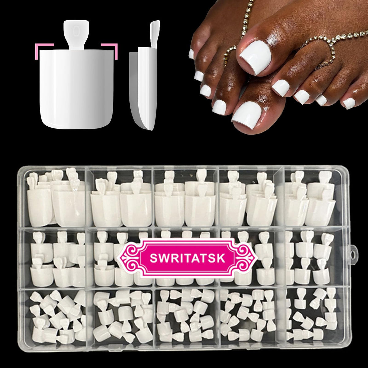 SWRITATSK front packaging showing 150 white toe tips and storage case for organized travel