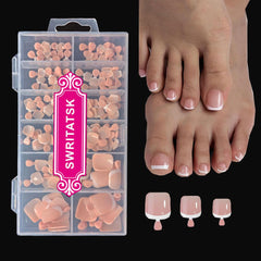 SWRITATSK front packaging showing 120-piece press-on toenail set and nude French tips for convenience