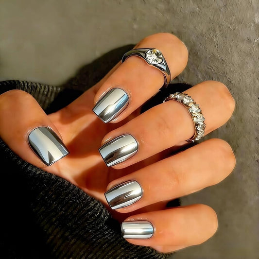 SXVME front packaging showing 30-piece chrome press-on nail kit and convenience