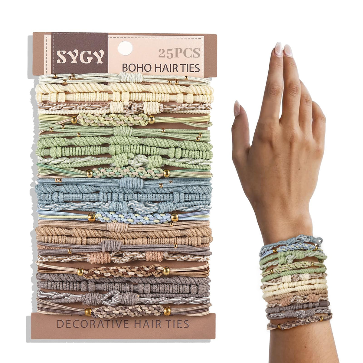 SYGY front packaging showing 25-piece bohemian hair accessory set, convenient organization