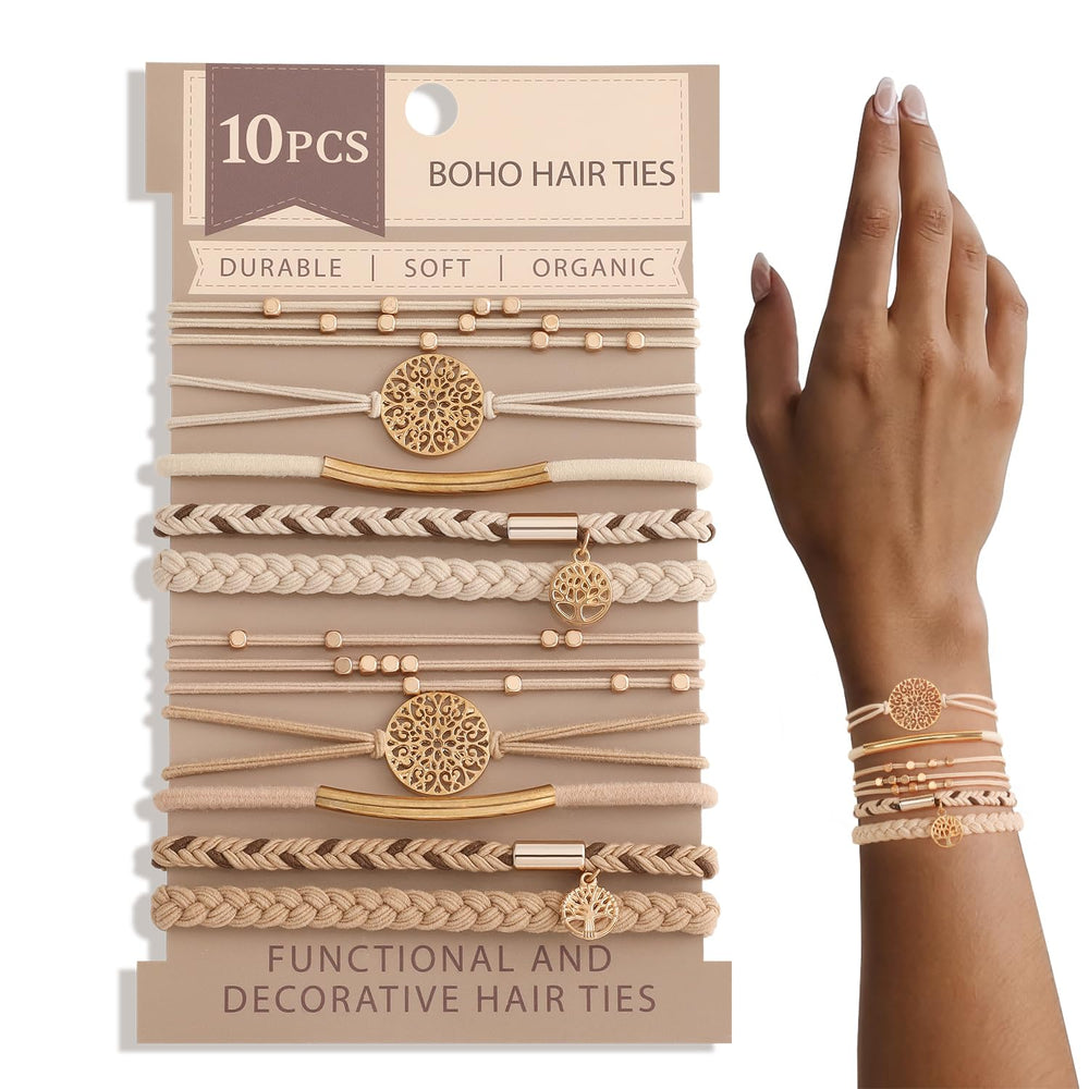 SYGY front packaging showing ten boho hair tie bracelets, neat set benefit