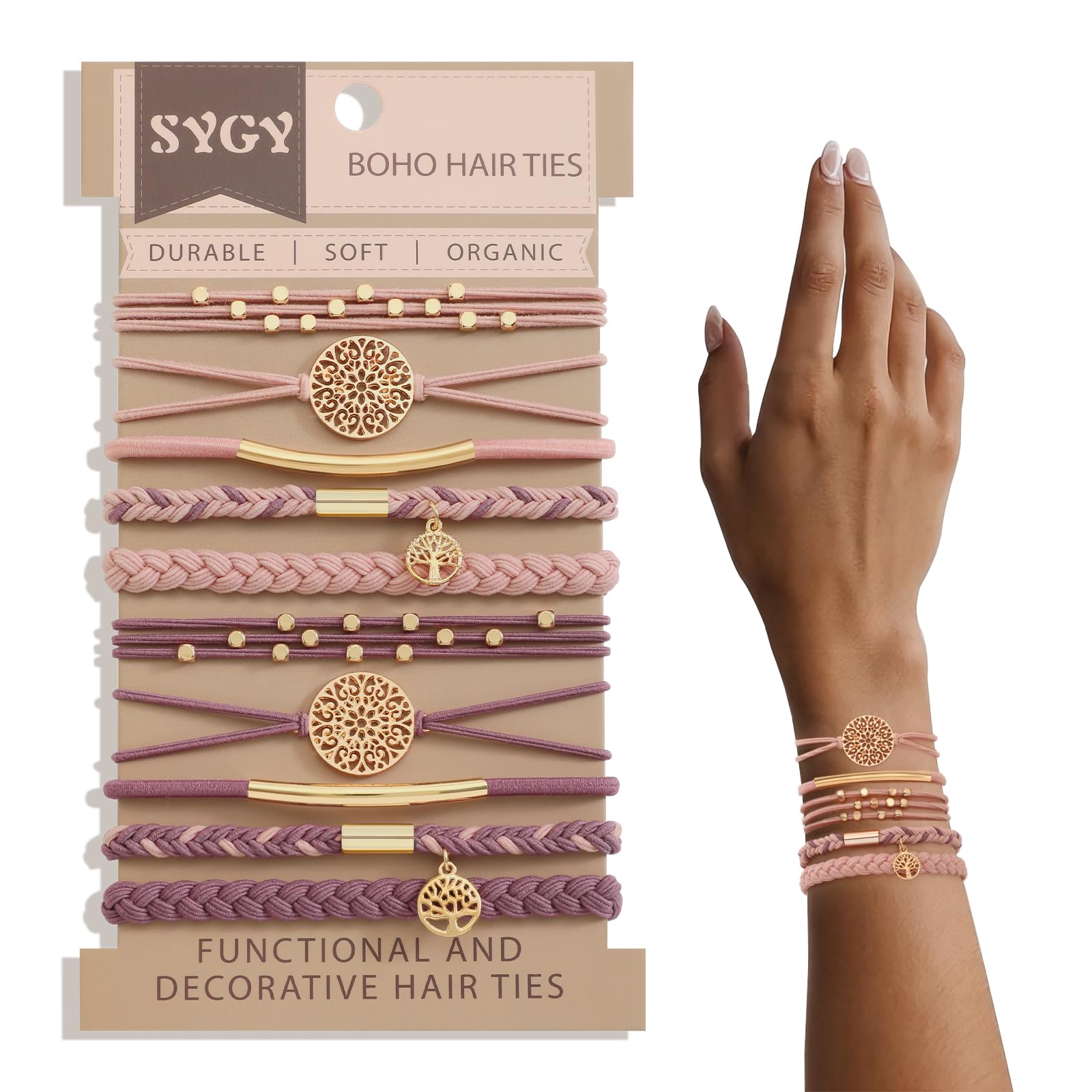 SYGY front packaging showing 10 pink boho hair ties, convenient gift