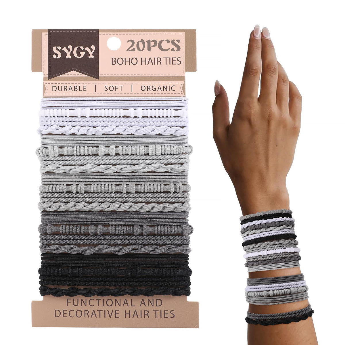 SYGY front packaging showing 20-piece boho hair ties, easy selection benefit