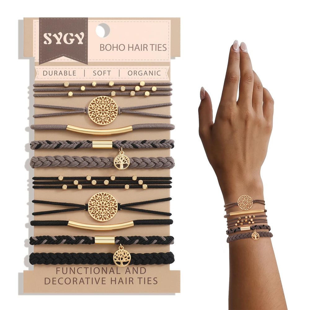 SYGY grey boho hair ties front set showing colors and styles, wearable convenience