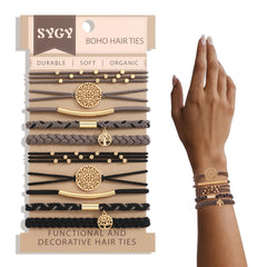SYGY grey boho hair ties front set showing colors and styles, wearable convenience