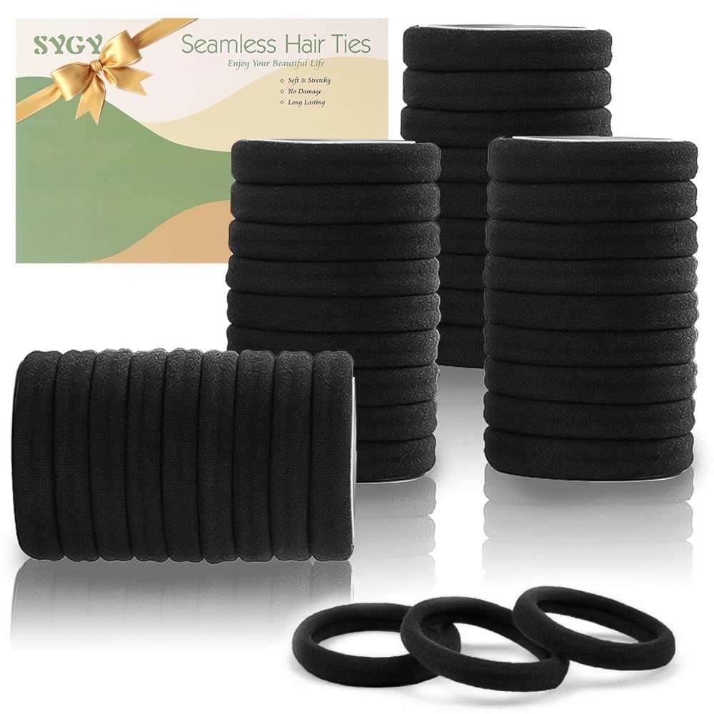 SYGY pack front showing 100 black seamless hair ties and tidy packaging, ready supply benefit