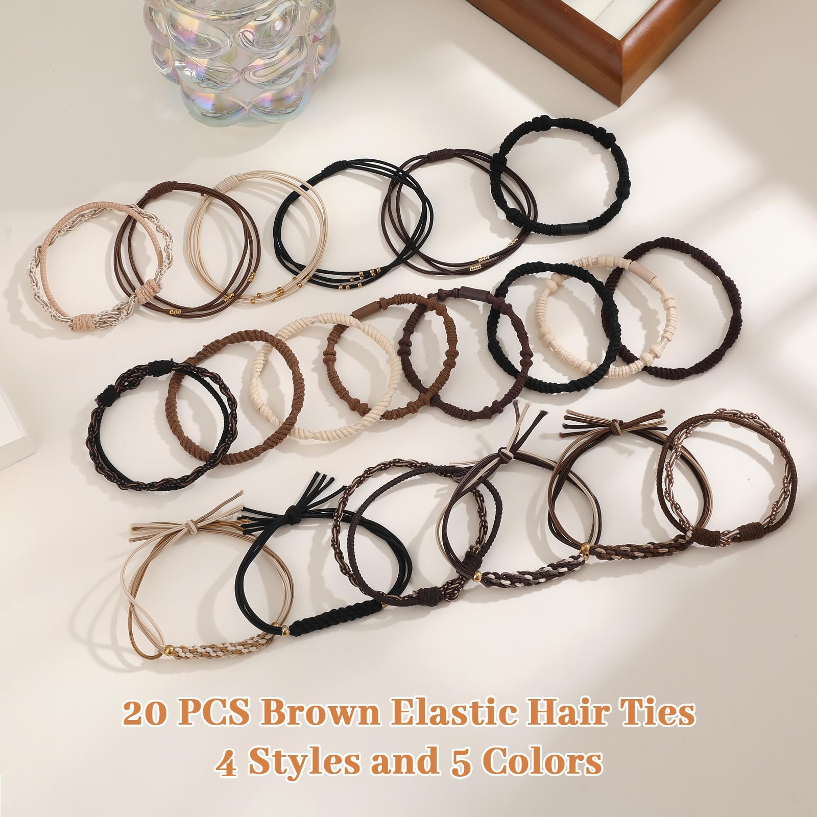 SYGY pile of twenty hair ties arranged to show quantity and variety