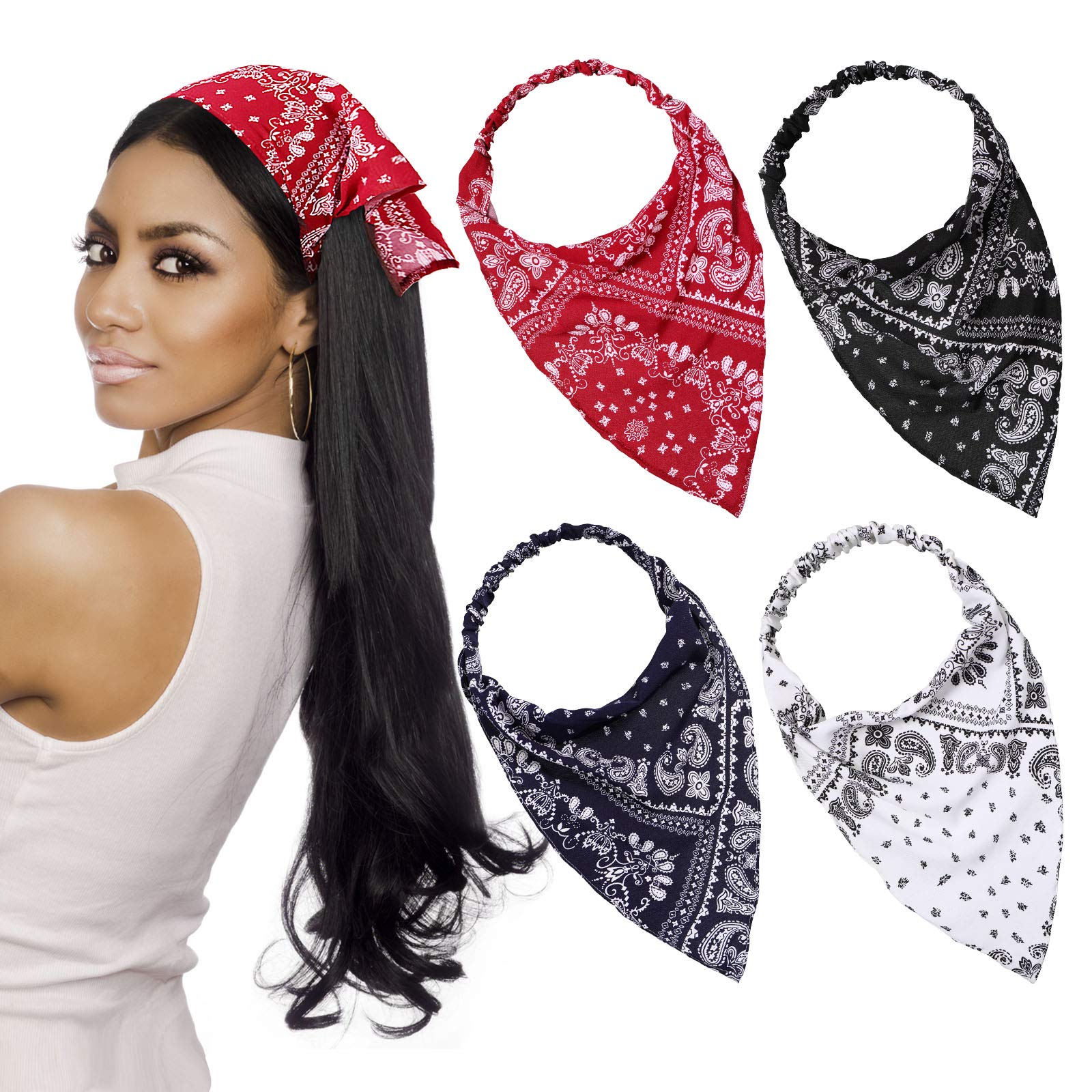 Syhood front view of four-pack vintage headscarves shows variety and convenience
