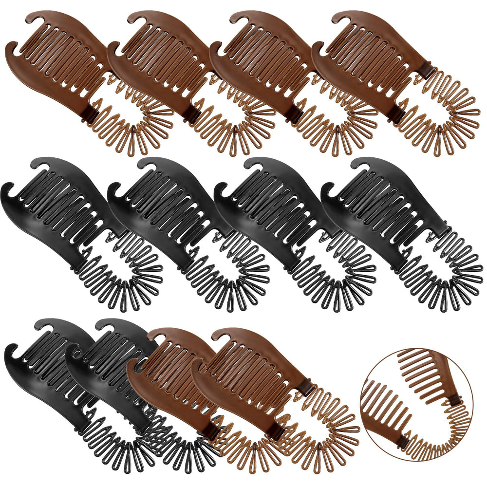 Syhood front view of 12-piece banana clips showing colors and quantity, practical storage