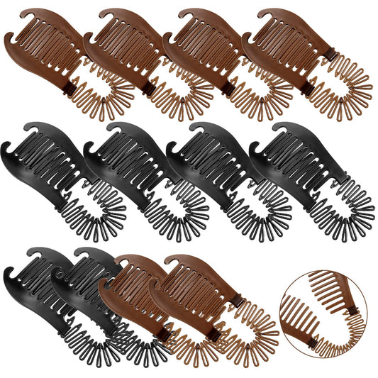 Syhood front view of 12-piece banana clips showing colors and quantity, practical storage