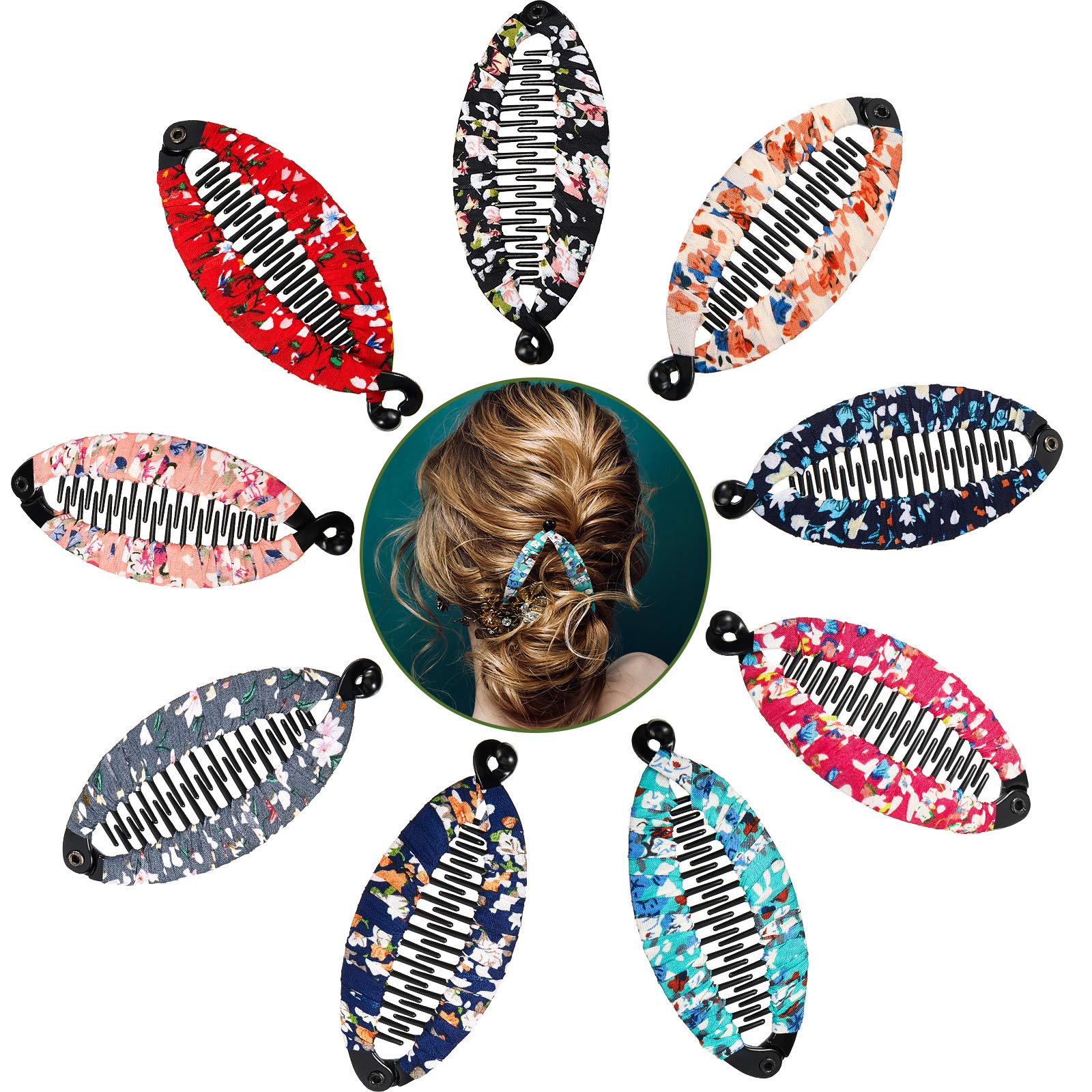 Syhood front view of nine colorful floral banana clips showing variety and convenience