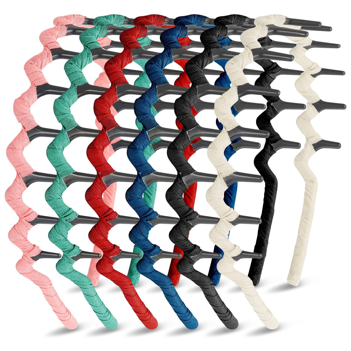 Syhood front view of six patterned headbands showing colors and variety, attractive styling benefit
