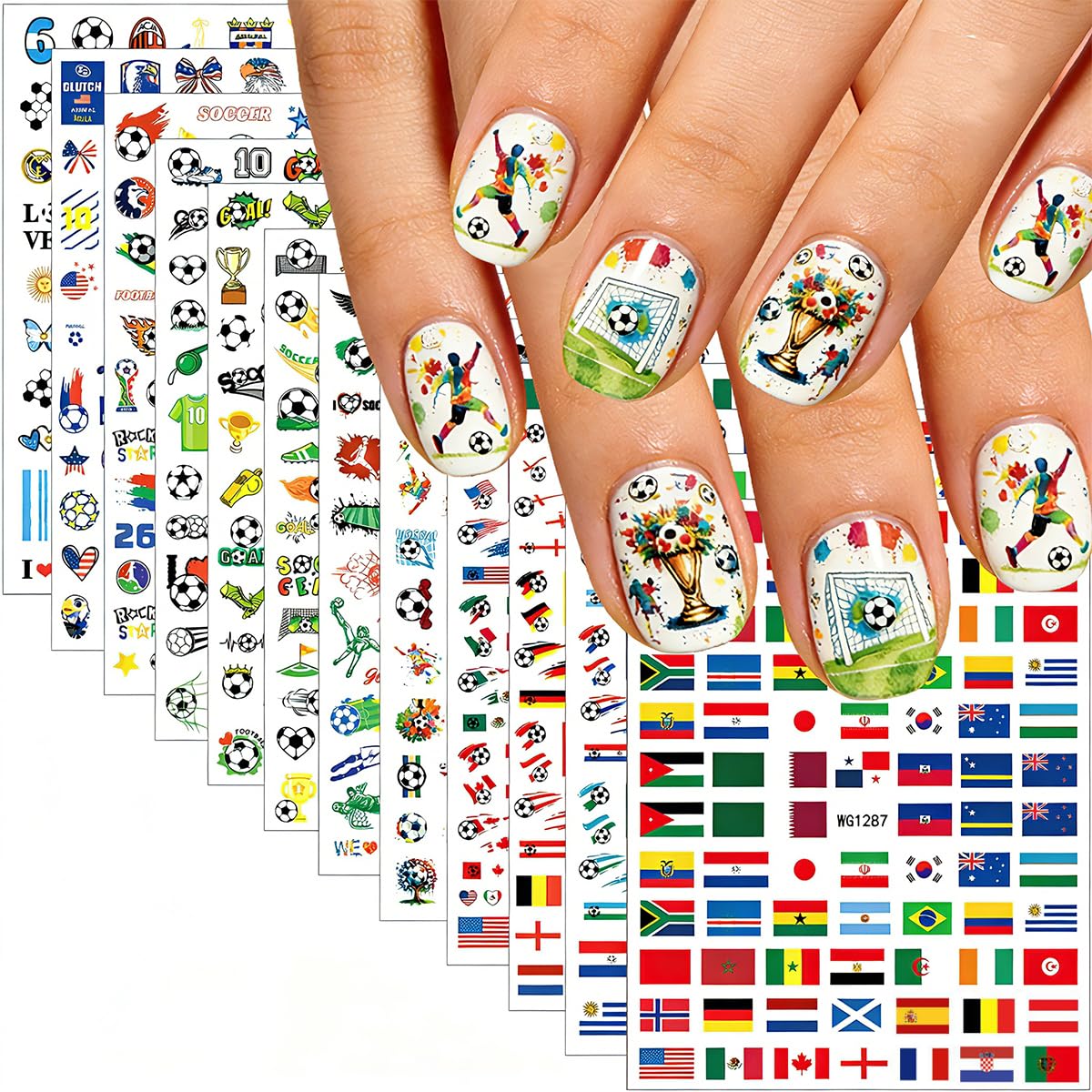 SYPAFG front packaging showing 12 soccer nail sticker sheets, ready for game-day nails
