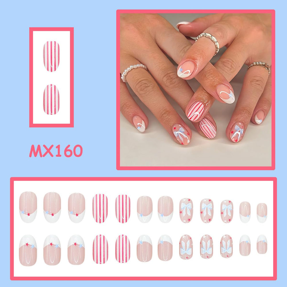 SYPAFG close-up of red white blue French tip with bow and stars, highlights design detail