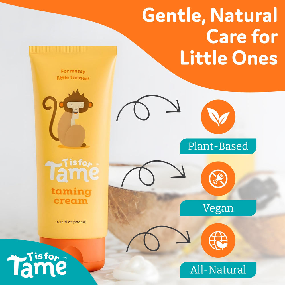 T is for Tame before and after child hair showing reduced frizz and tame finish