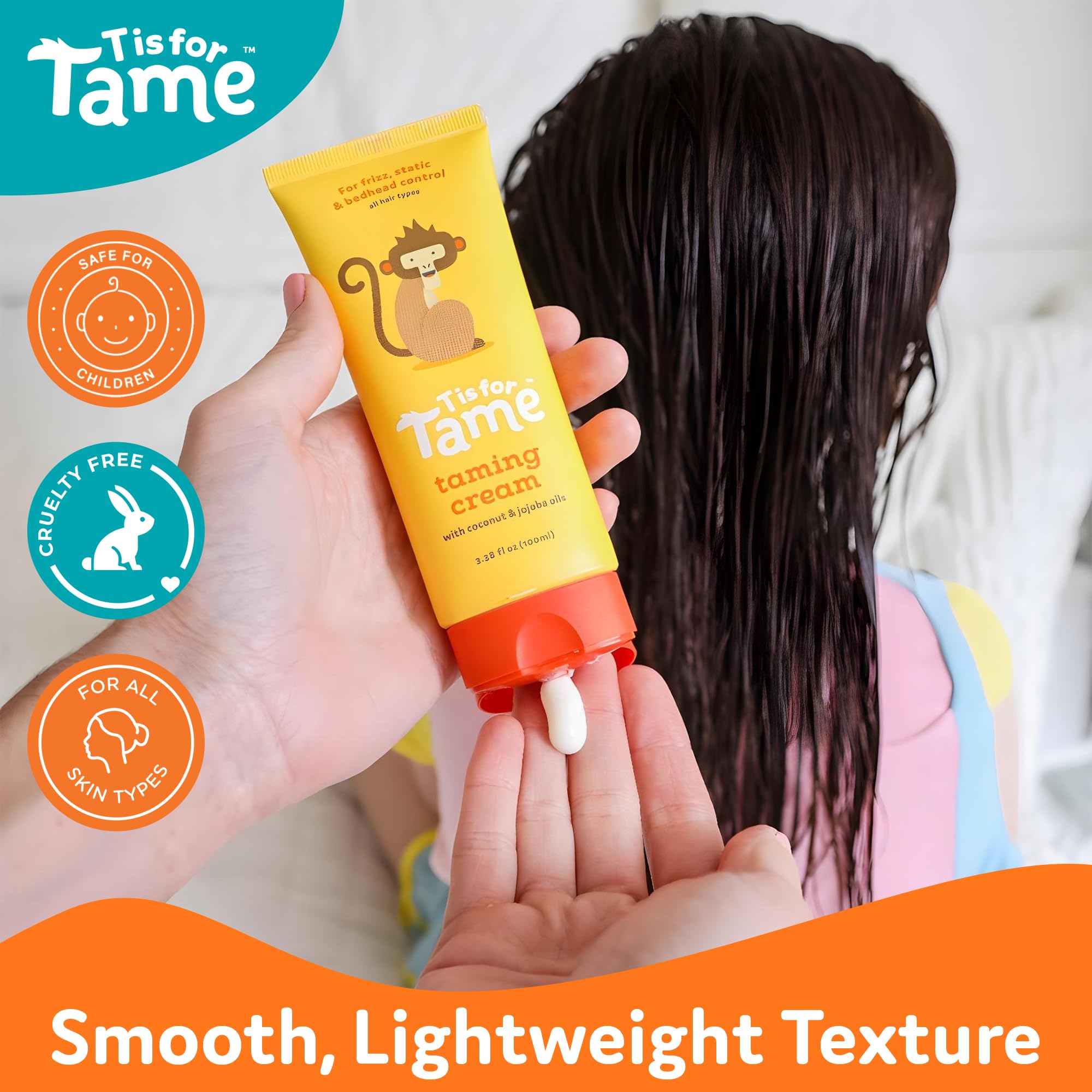 T is for Tame curly hair detail showing defined, soft curls without crunch