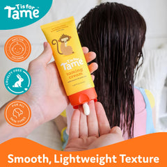 T is for Tame curly hair detail showing defined, soft curls without crunch
