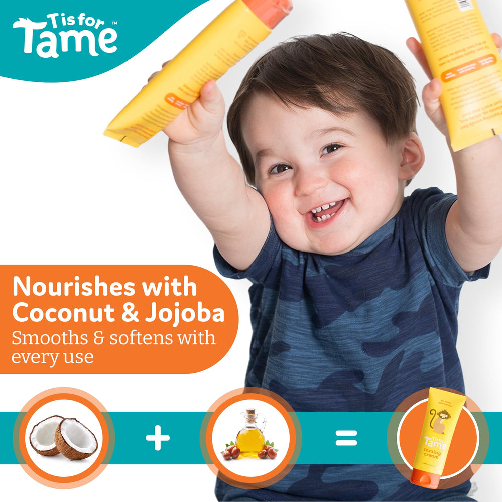 T is for Tame 3.38 fl oz size comparison showing travel-friendly bottle