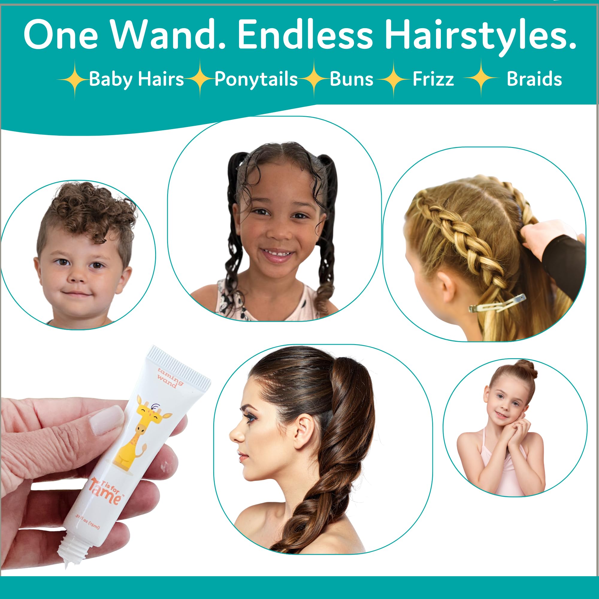T is for Tame texture smear showing creamy non‑sticky formula that tames frizz