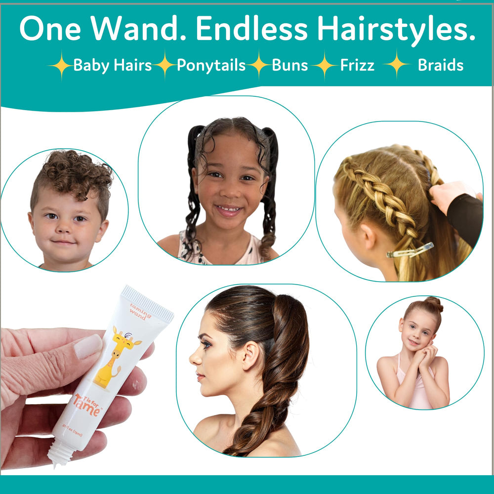 T is for Tame texture smear showing creamy non‑sticky formula that tames frizz