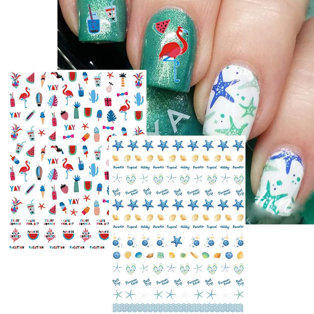 TailaiMei stickers adhered to fingernail demonstrating colorful beach-themed style