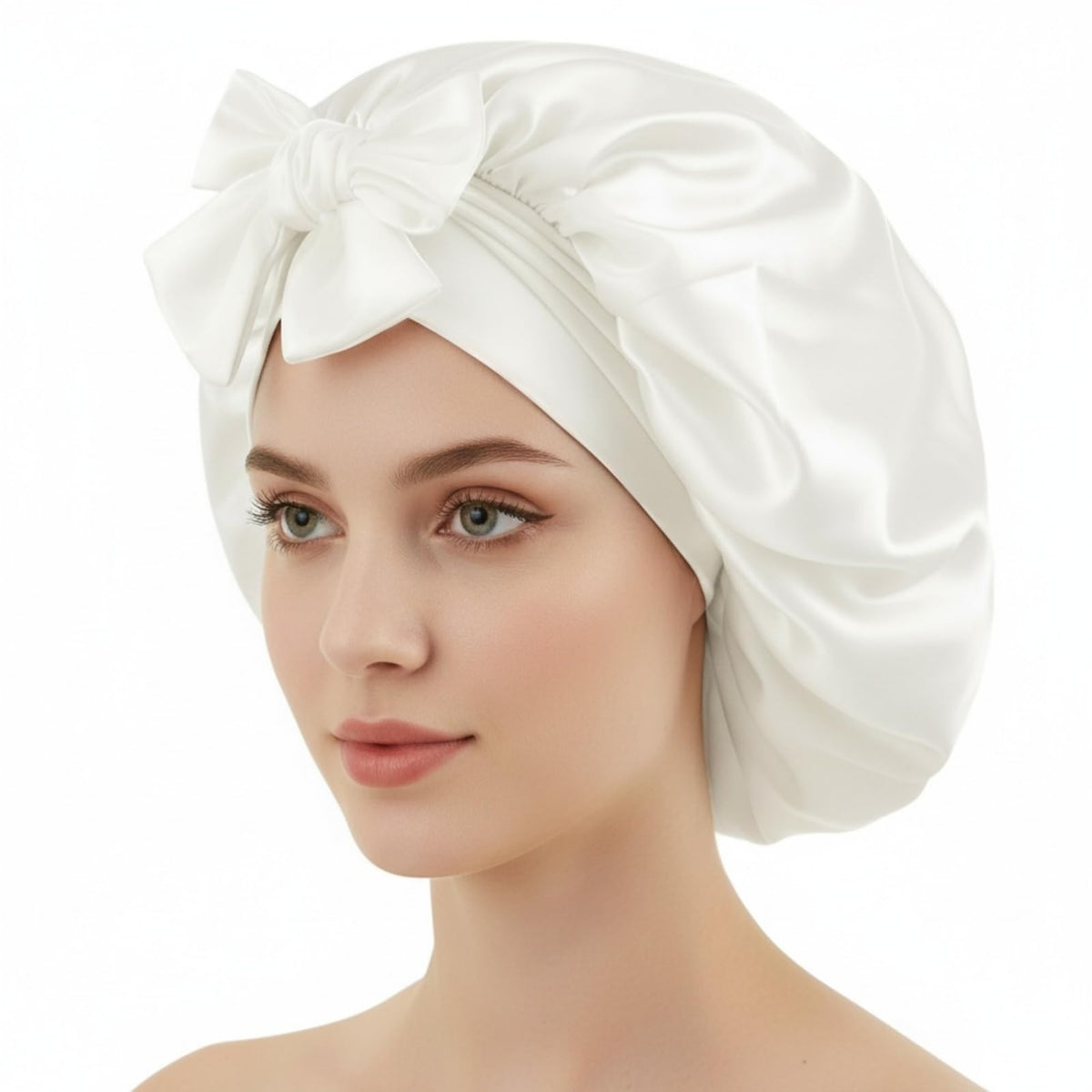 TALE KING front view of white satin bonnet showing snug fit and protection