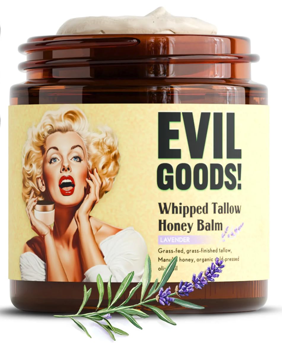 TALLOW BODY BALM front jar showing label and lavender scent, promotes simple hydration