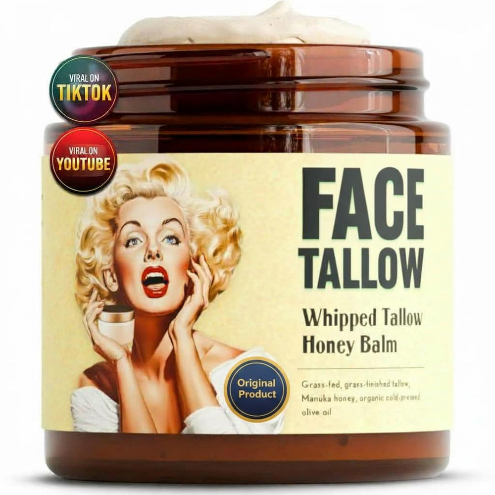 TALLOW BODY BALM front glass jar showing label and lid, convenient daily use