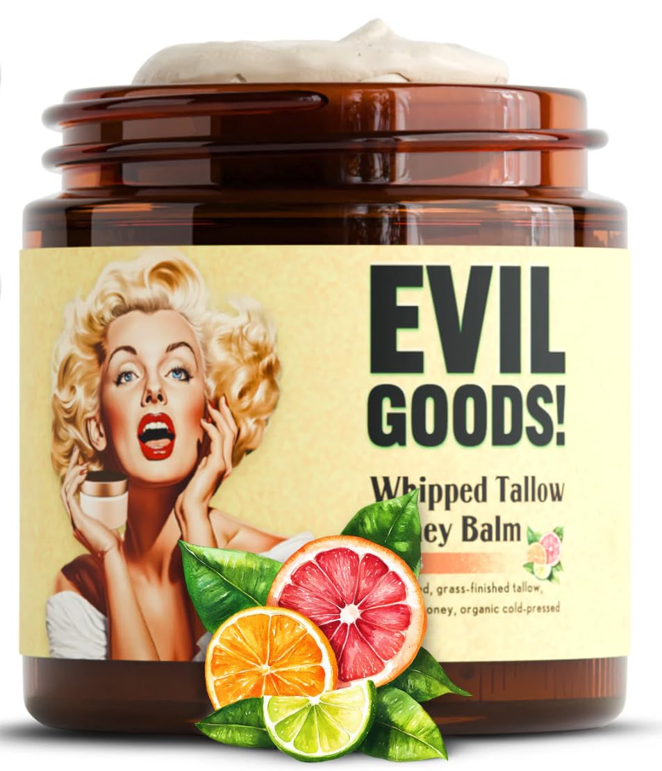 TALLOW BODY BALM front jar showing glass container and label, highlights clean packaging