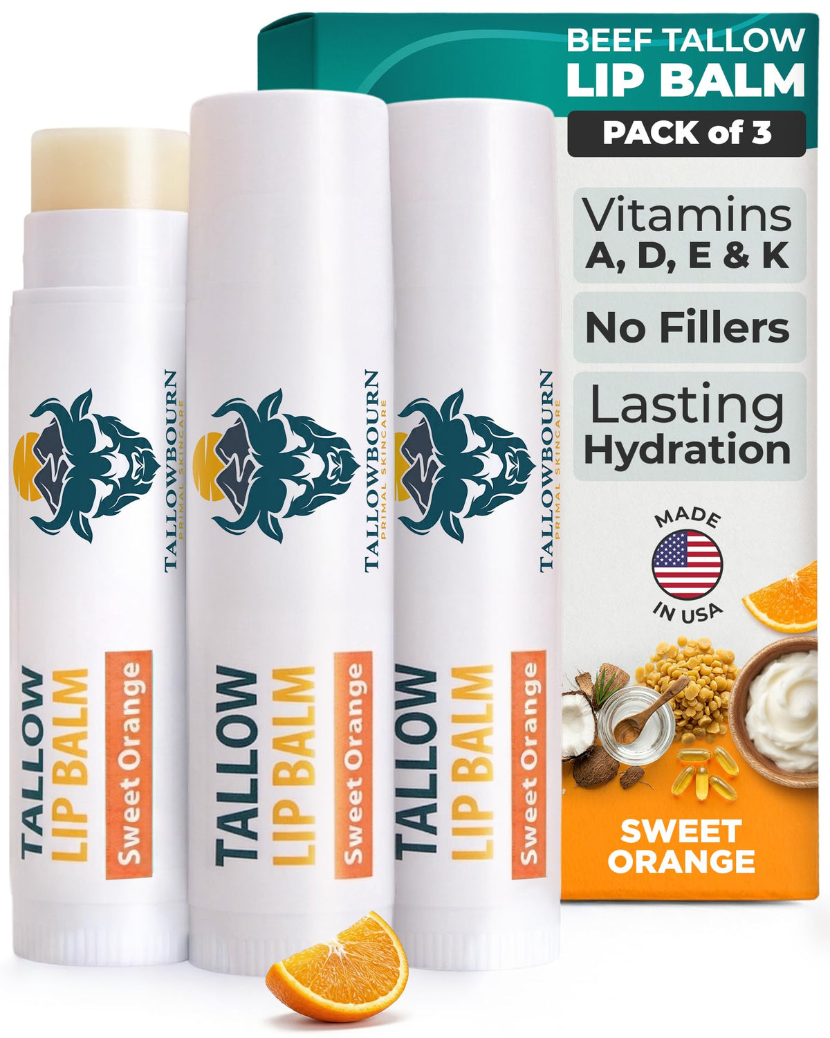 Tallowbourn front packaging showing three tubes and clean design, convenient for travel