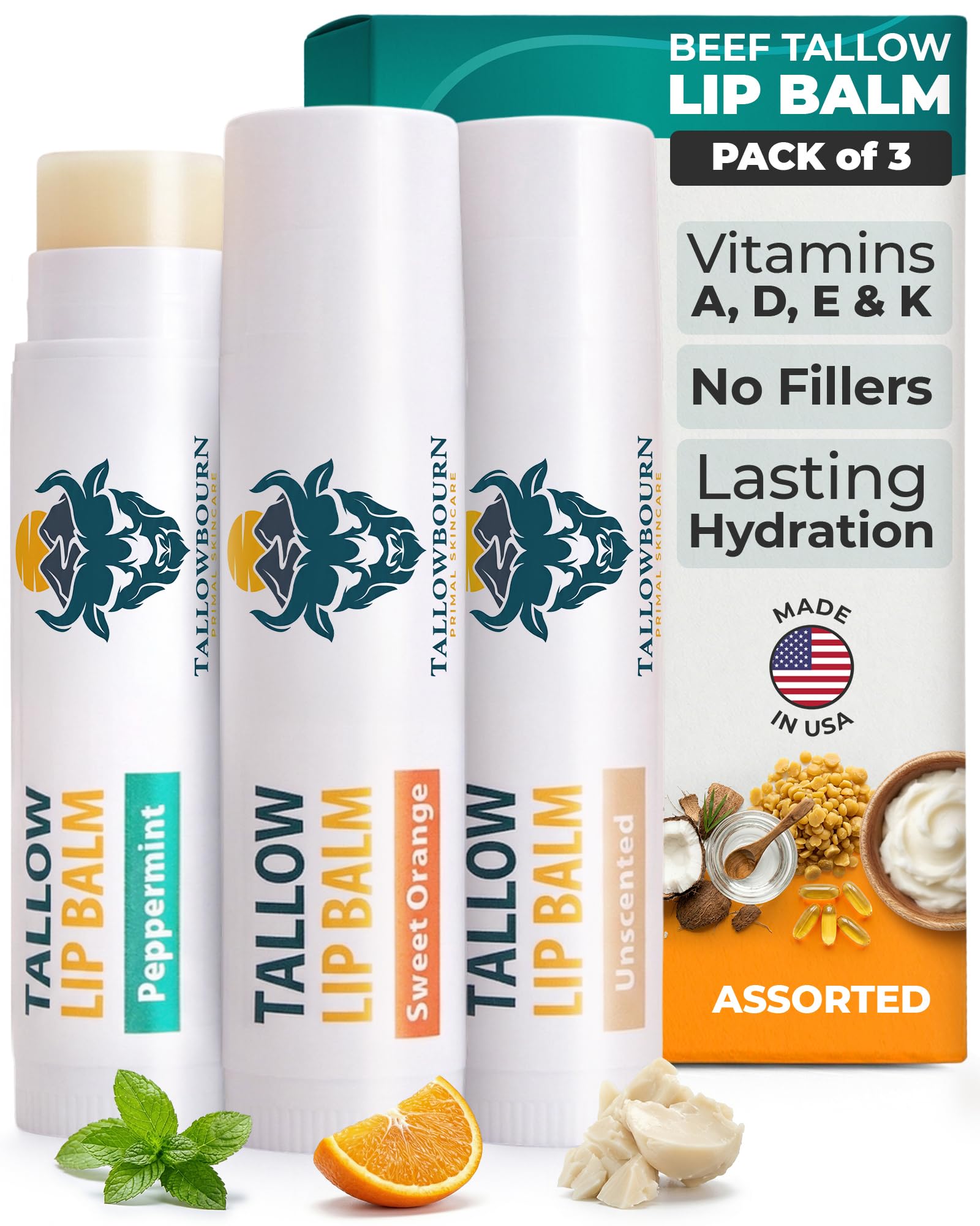 Tallowbourn front packaging showing three-balm travel set and benefits