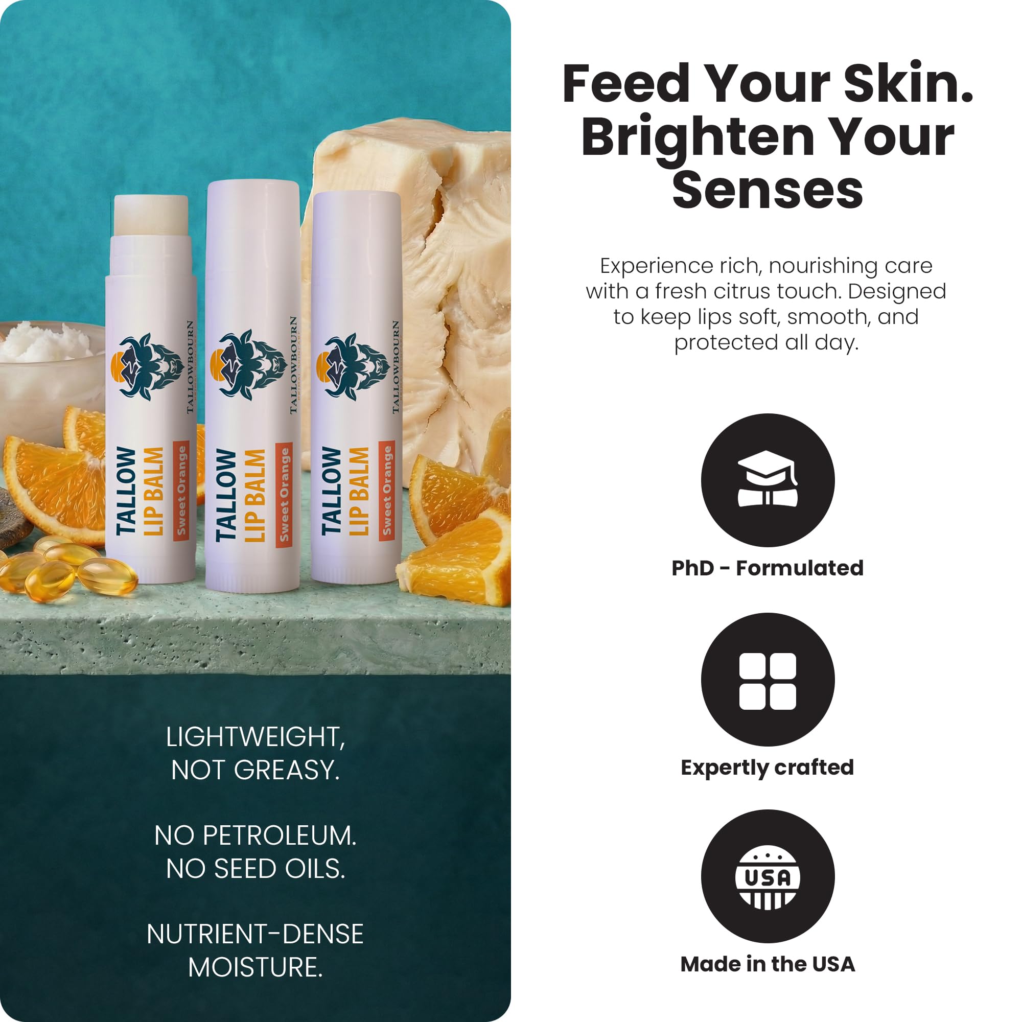 Tallowbourn tube close-up showing smooth balm texture and easy glide for hydration