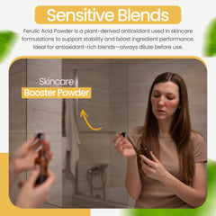 Bathroom counter scene with Talsen ferulic powder alongside skincare tools for routine use