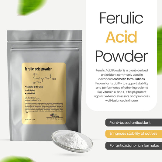 Close-up texture of Talsen ferulic acid powder highlighting fine grain for easy mixing