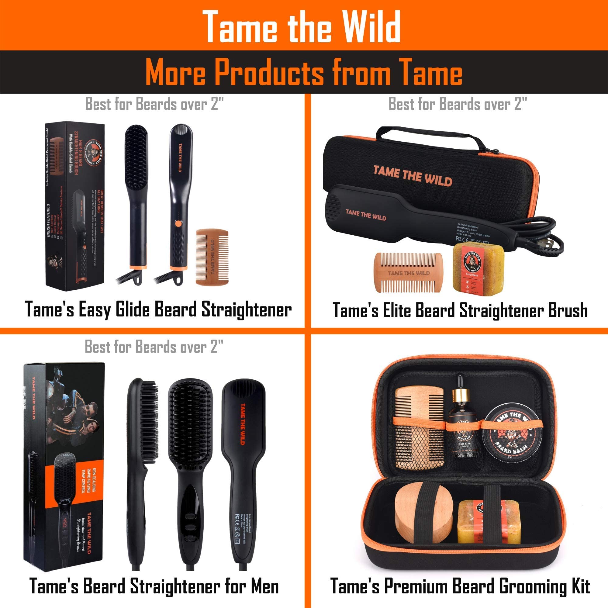 TAME THE WILD bottle next to common grooming tools showing travel-ready size