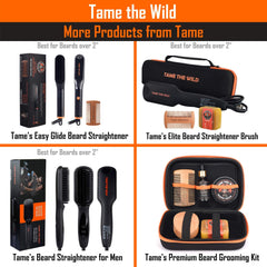TAME THE WILD bottle next to common grooming tools showing travel-ready size